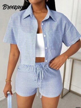SHEIN Blue & White Striped Two-Piece Shirt and Shorts Set